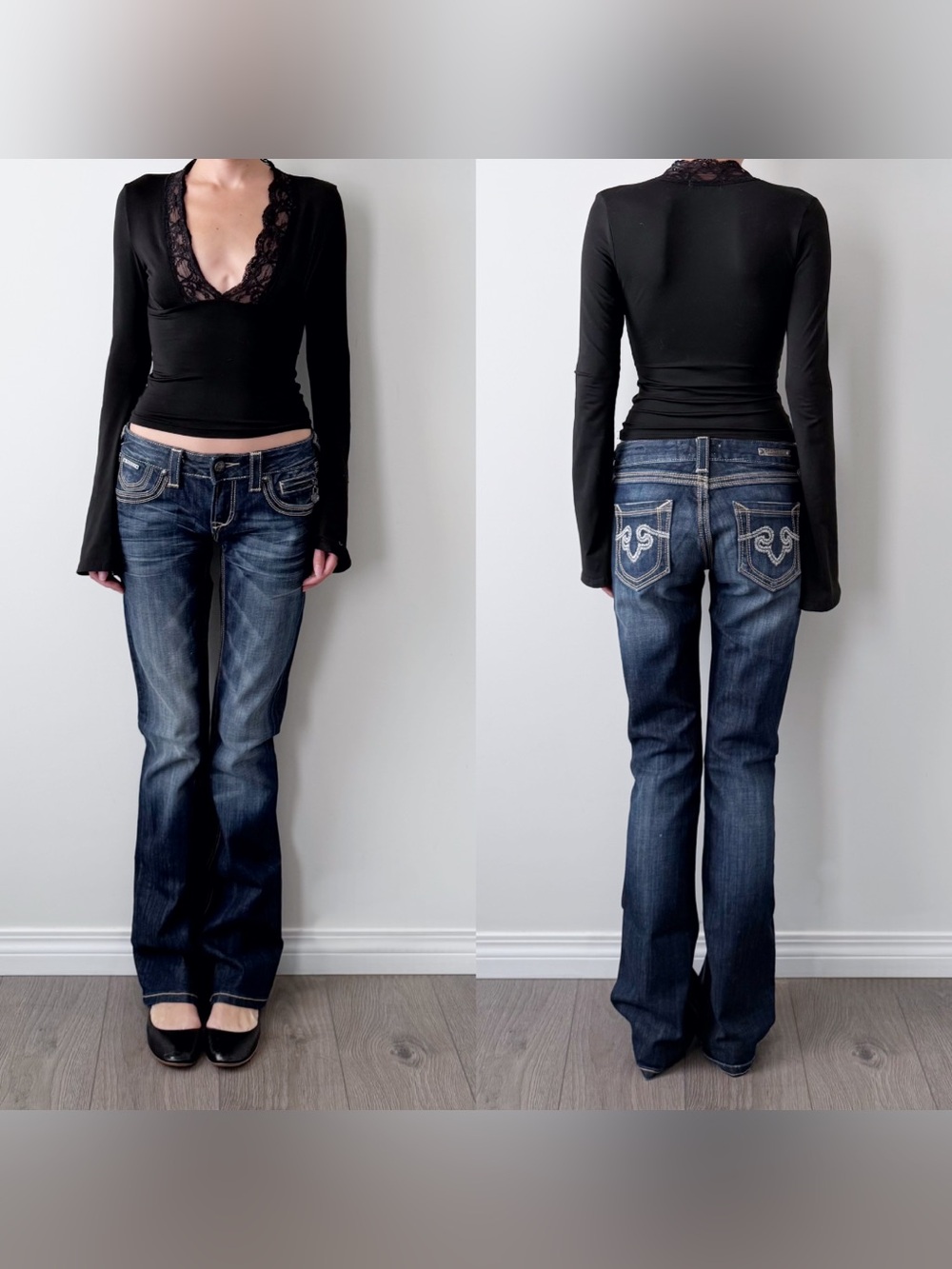 Rerock for express medium wash low rise bootcut jeans